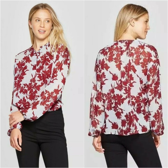 a new day Tops - A New Day Blue Burgundy Leaf Print Popover Blouse